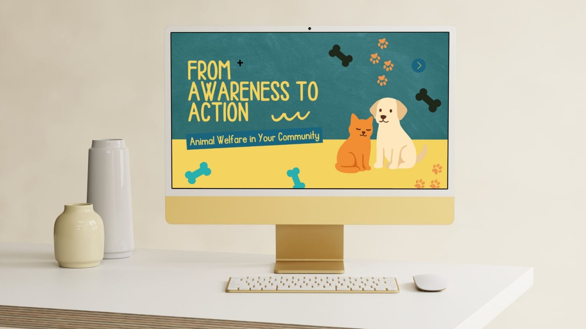 Desktop monitor displaying the From Awareness to Action animal welfare course with an illustrated dog and cat
