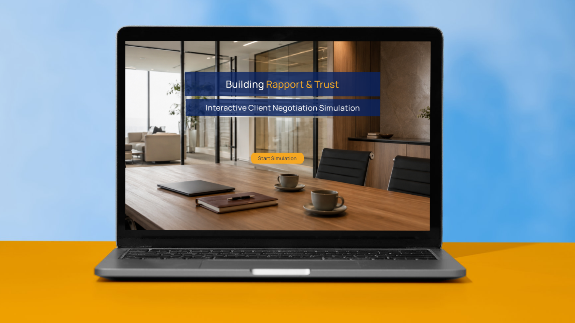 Laptop displaying the Building Rapport and Trust Storyline practice for a MENA client-renewal negotiation