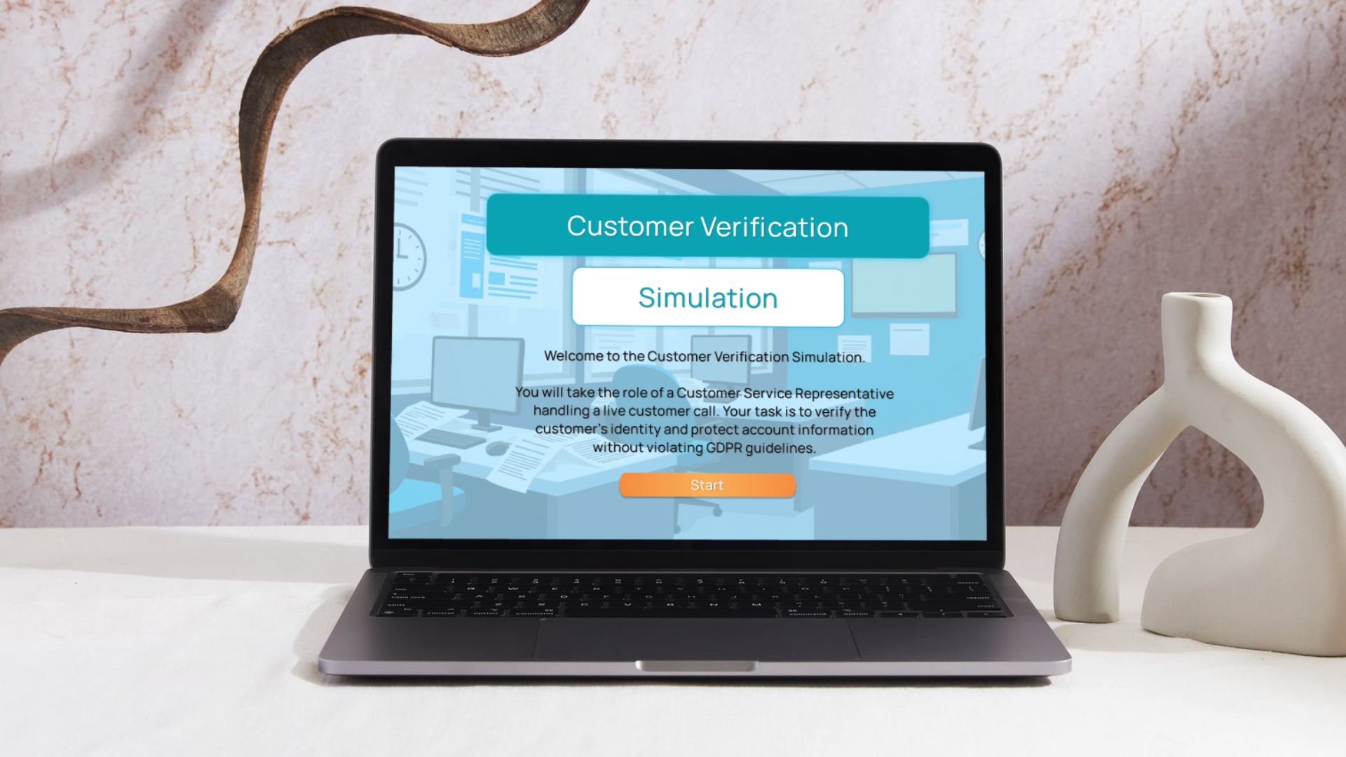 Laptop displaying the Customer Verification Simulation for a customer service identity check