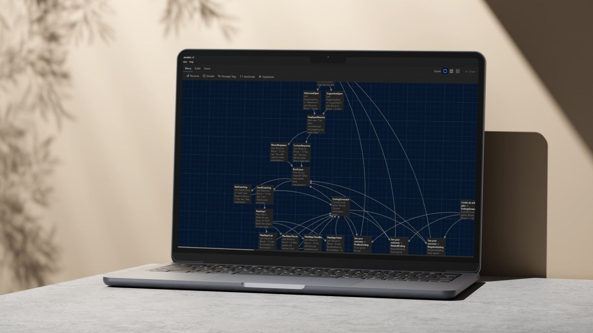 Laptop displaying a Twine conversation map with branching paths for a leadership feedback simulator