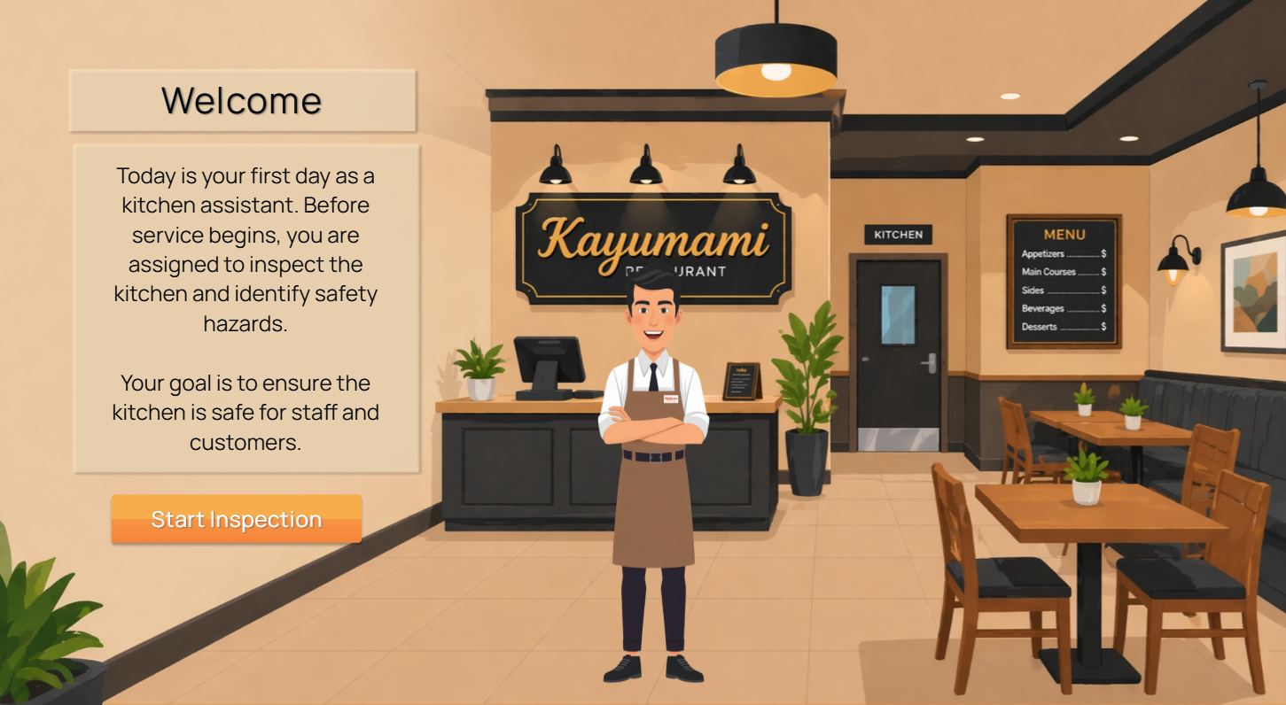 Complete restaurant kitchen scene before the learner identifies safety hazards