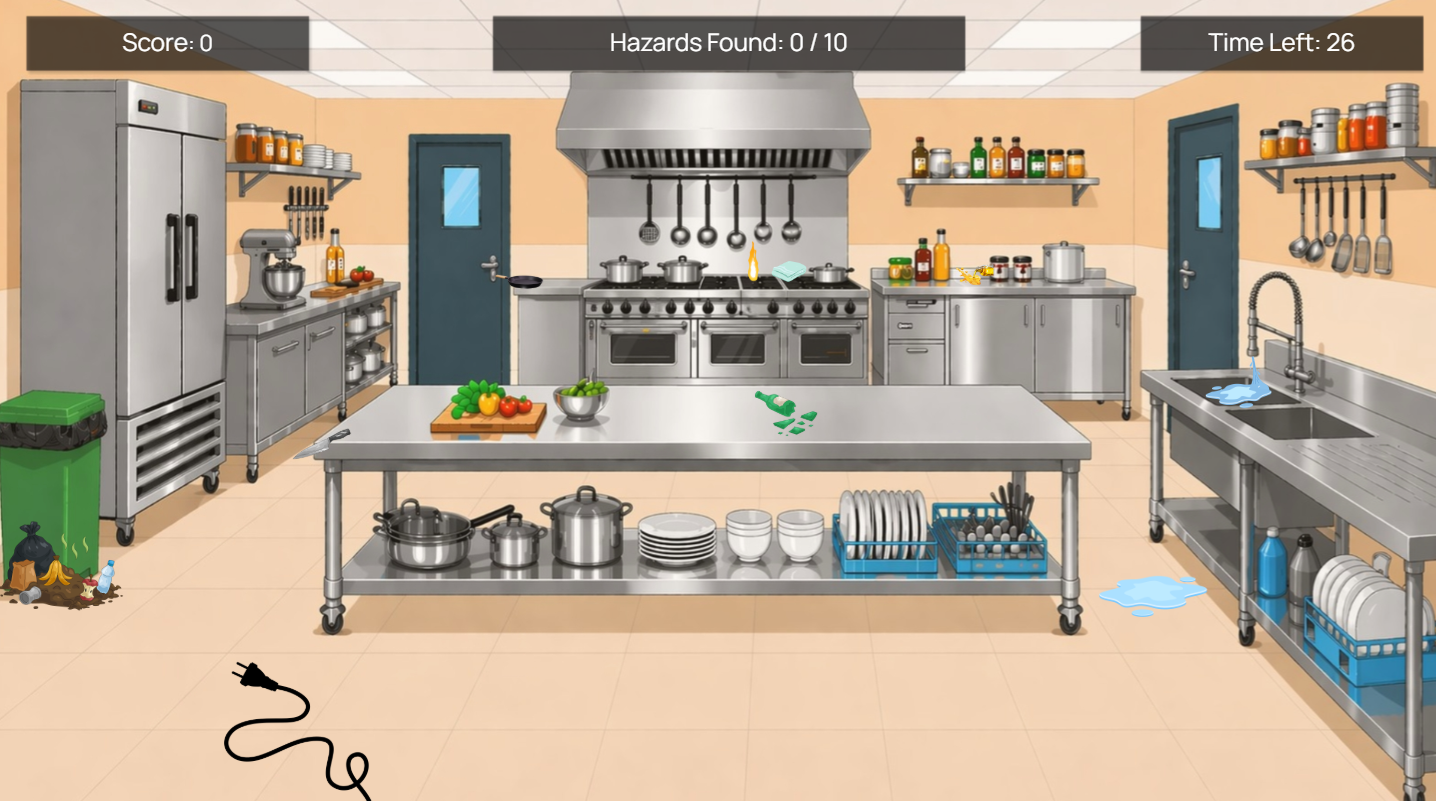 Kitchen Hazard Game screen where learners select unsafe conditions