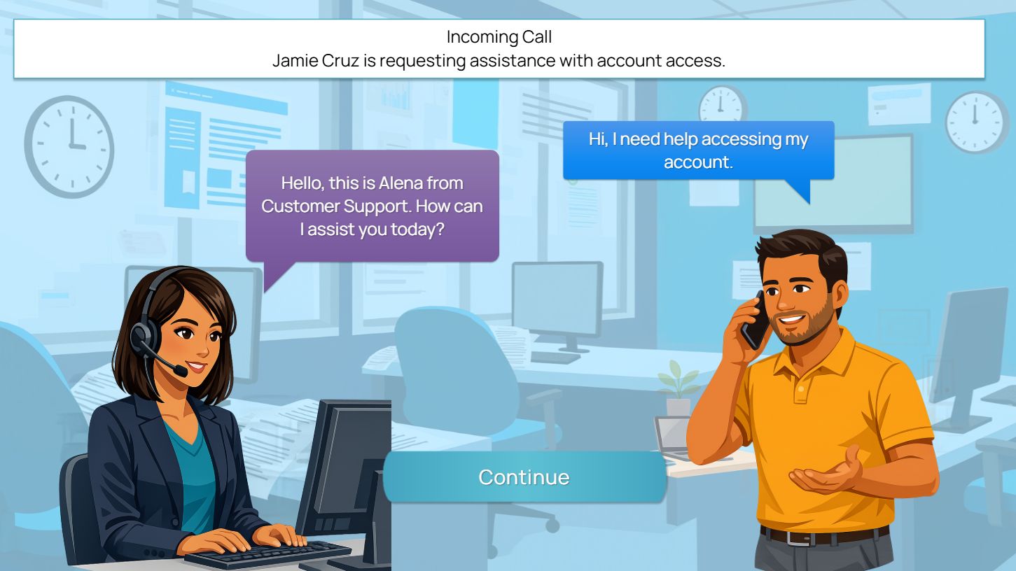 Customer verification call scenario before the learner chooses a response
