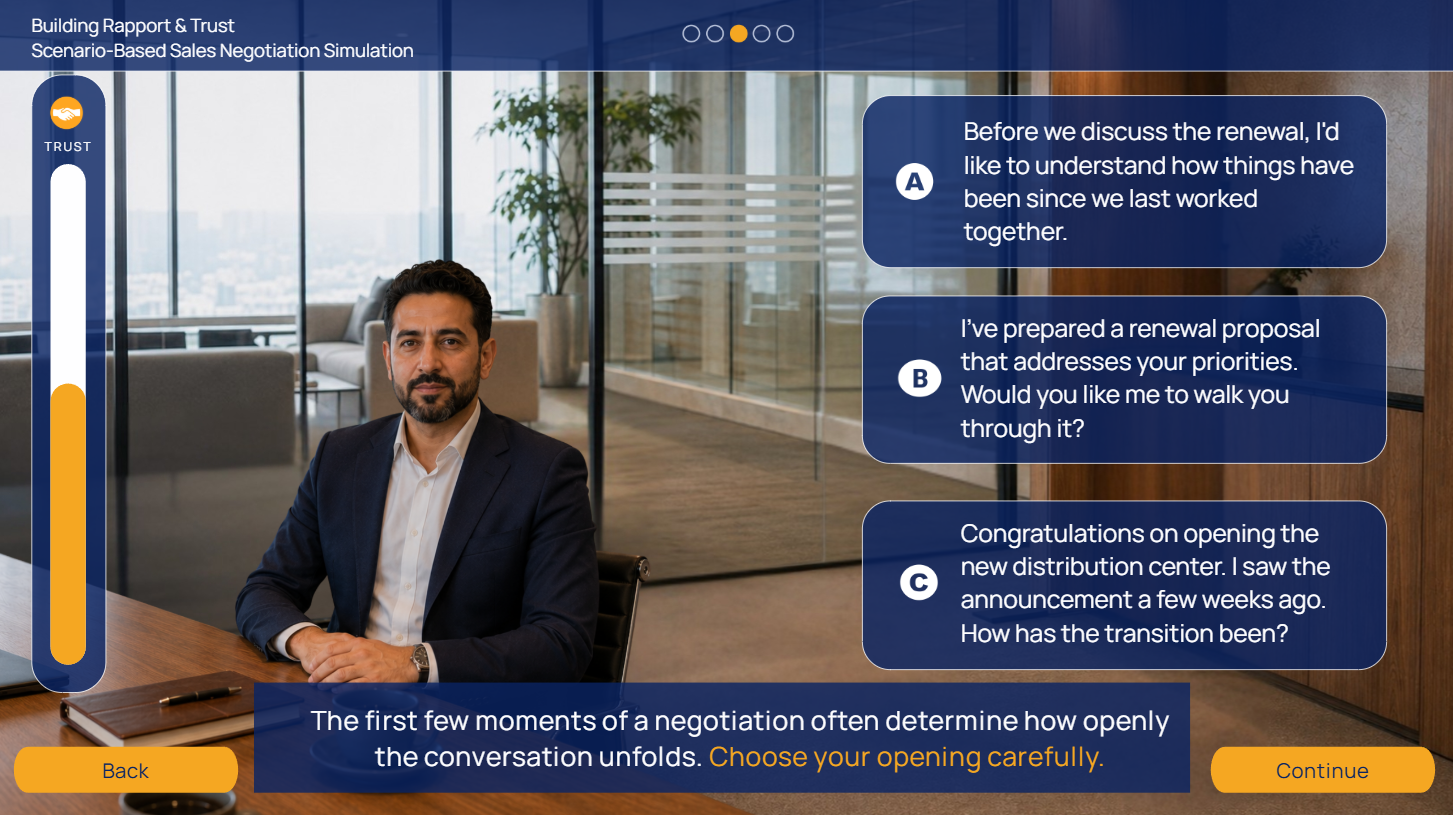 Storyline decision screen with a Trust Meter and three opening responses for Omar