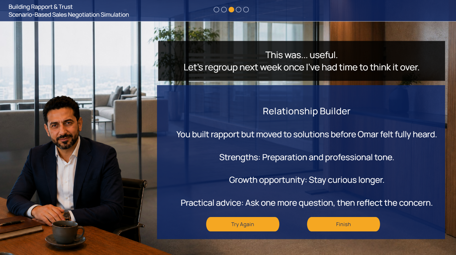 Relationship Builder outcome with strengths and practical advice after the negotiation